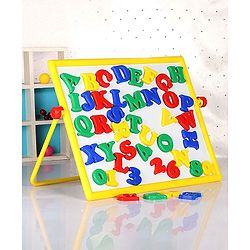 Babyhug 2 in 1  Magnetic Letters and Numbers Learning & Writing Board with Duster & Chalk 49 pieces- Multicolour