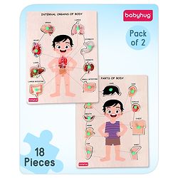 Babyhug Premium Wooden Body Parts 18 Pieces Puzzle - Pack of 2| Educational and Learning Montessori Toy| Knob and Peg Pre- School Puzzle| BIS Certified| 2 Years+