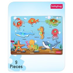 Babyhug Premium 9 pcs Aquatic Animals Wooden Board puzzle for Toddlers| Montessori Educational and Learning Toy | Shape Matching Puzzle |Preschool Colorful Knob and Peg Puzzle| BIS Certified| 18+ months