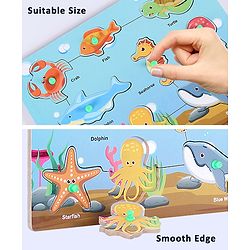Babyhug Premium 9 pcs Aquatic Animals Wooden Board puzzle for Toddlers| Montessori Educational and Learning Toy | Shape Matching Puzzle |Preschool Colorful Knob and Peg Puzzle| BIS Certified| 18+ months