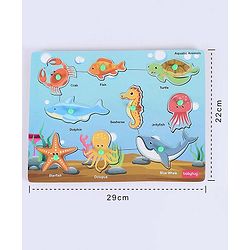 Babyhug Premium 9 pcs Aquatic Animals Wooden Board puzzle for Toddlers| Montessori Educational and Learning Toy | Shape Matching Puzzle |Preschool Colorful Knob and Peg Puzzle| BIS Certified| 18+ months