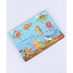 Babyhug Premium 9 pcs Aquatic Animals Wooden Board puzzle for Toddlers| Montessori Educational and Learning Toy | Shape Matching Puzzle |Preschool Colorful Knob and Peg Puzzle| BIS Certified| 18+ months