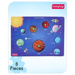 Babyhug Premium 8 pcs Solar System Wooden Board puzzle| Montessori Educational and Learning Toy | Shape Matching Puzzle |Preschool Colorful Knob and Peg Puzzle| BIS Certified| 18+ months