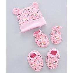 Babyhug 100% Cotton Cap Mitten & Booties Set Unicorn Print Pink - Diameter 11.5 cm