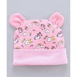 Babyhug 100% Cotton Cap Mitten & Booties Set Unicorn Print Pink - Diameter 11.5 cm