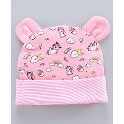 Babyhug 100% Cotton Cap Mitten & Booties Set Unicorn Print Pink - Diameter 11.5 cm