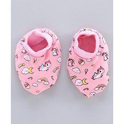 Babyhug 100% Cotton Cap Mitten & Booties Set Unicorn Print Pink - Diameter 11.5 cm