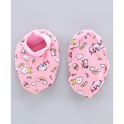 Babyhug 100% Cotton Cap Mitten & Booties Set Unicorn Print Pink - Diameter 11.5 cm