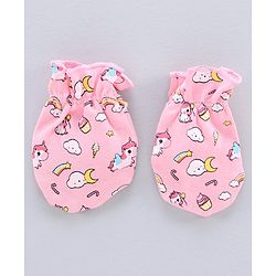 Babyhug 100% Cotton Cap Mitten & Booties Set Unicorn Print Pink - Diameter 11.5 cm