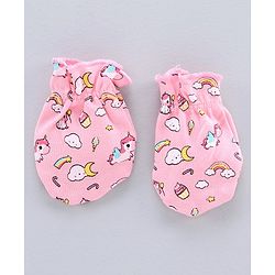 Babyhug 100% Cotton Cap Mitten & Booties Set Unicorn Print Pink - Diameter 11.5 cm