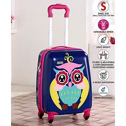 Babyhug Kid's Expandable Trolley Bag Owl Print Blue - 18 Inches| Shock Resistant| Telescopic Handle| Water Resistant| Easy Zipper Closure| Durable Wheels