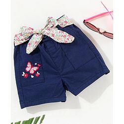 Babyhug Shorts With Fabric Belt Butterfly Embroidery - Navy Blue