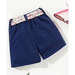 Babyhug Shorts With Fabric Belt Butterfly Embroidery - Navy Blue
