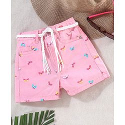 Babyhug Washed Cotton Twill Lycra Woven Shorts Butterfly Print - Candy Pink