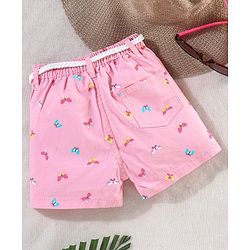 Babyhug Washed Cotton Twill Lycra Woven Shorts Butterfly Print - Candy Pink