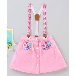 Babyhug Mid Thigh Length Skirt with Suspenders Floral Embroidery - Pink