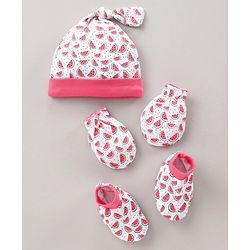 Babyhug Cap Mitten & Booties Watermelon Print - Cap Diameter 11 cm