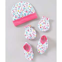 Babyhug Cap Mitten & Booties Floral Print - Cap Diameter 10.5 cm