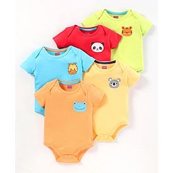 Babyhug Half Sleeves 100% Cotton Onesies Animal Print Pack of 5 - Red Orange Yellow Green Blue