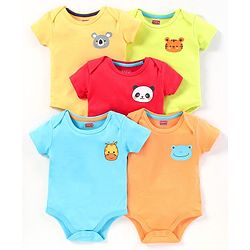 Babyhug Half Sleeves 100% Cotton Onesies Animal Print Pack of 5 - Red Orange Yellow Green Blue