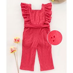 Babyhug Flutter Sleeves Knit Schiffli Jumpsuit - Red