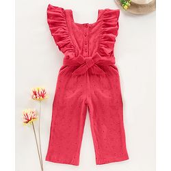 Babyhug Flutter Sleeves Knit Schiffli Jumpsuit - Red