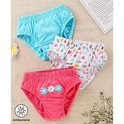 Babyhug 100% Cotton Antibacterial Finish Printed Panties Pack of 3 - Blue White Pink