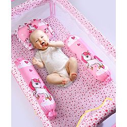 Babyhug Premium Pillow and Bolster Set Unicorn Print - Pink| Prevents Flat Head Syndrome| Neck and Shoulder Support | 100% Cotton| Breathable Fabric| Girls and Boys| Protection from Crib Railing| New Born Gifting Option | Travel Friendly| Soft and L