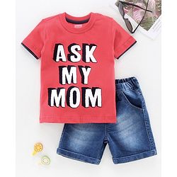 Babyhug Half Sleeves Tee and Denim Shorts Set Text Print - Red