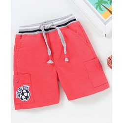 Babyhug Shorts With Drawstring Football Patch - Red