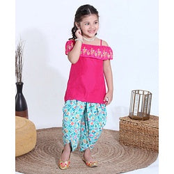 Babyhug Half Sleeves Off Shoulder Embroidered Top and Printed Dhoti Set - Fuschia Blue