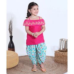 Babyhug Half Sleeves Off Shoulder Embroidered Top and Printed Dhoti Set - Fuschia Blue