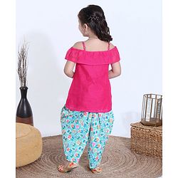 Babyhug Half Sleeves Off Shoulder Embroidered Top and Printed Dhoti Set - Fuschia Blue