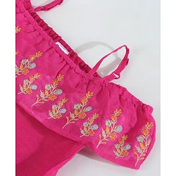 Babyhug Half Sleeves Off Shoulder Embroidered Top and Printed Dhoti Set - Fuschia Blue