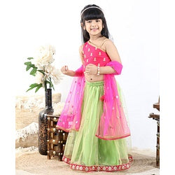 Babyhug Sleeveless Choli & Lehenga with Dupatta - Pink Green