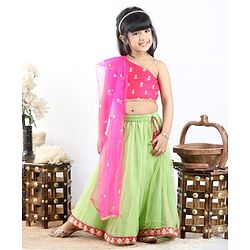 Babyhug Sleeveless Choli & Lehenga with Dupatta - Pink Green