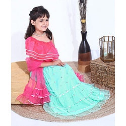 Babyhug Sleeveless Choli with Sequin Lehenga & Dupatta Set - Pink Blue