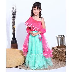 Babyhug Sleeveless Choli with Sequin Lehenga & Dupatta Set - Pink Blue
