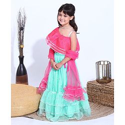 Babyhug Sleeveless Choli with Sequin Lehenga & Dupatta Set - Pink Blue