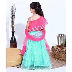 Babyhug Sleeveless Choli with Sequin Lehenga & Dupatta Set - Pink Blue