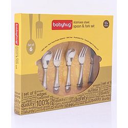 Babyhug Stainless Steel Spoon & Fork Set of 6 - Silver