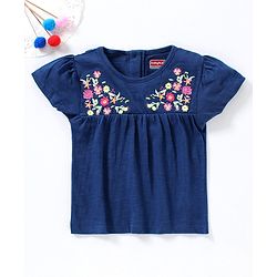 Babyhug Half Sleeves Tee Floral Embroidered - Blue
