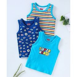 Babyhug 100% Cotton Sleeveless Antibacterial Finish Printed Vests Pack of 3 - Blue