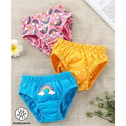 Babyhug 100%Cotton Anti Bacterial Finish Panties Rainbow & Heart Print Pack of 3 - Pink Yellow Blue