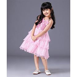 Babyhug Sleeveless Applique Flowers Party Wear Frock - Pink