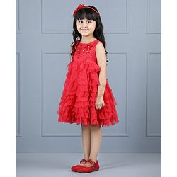 Babyhug Sleeveless Applique Flowers Party Wear Frock - Red