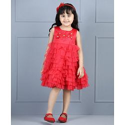 Babyhug Sleeveless Applique Flowers Party Wear Frock - Red