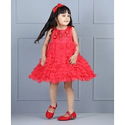 Babyhug Sleeveless Applique Flowers Party Wear Frock - Red