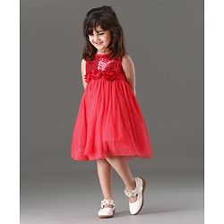 Babyhug Sleeveless Sequin Party Wear Frock - Red