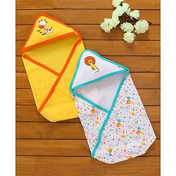 Babyhug Hooded Wrapper Lion Print Pack of 2 - Yellow and White